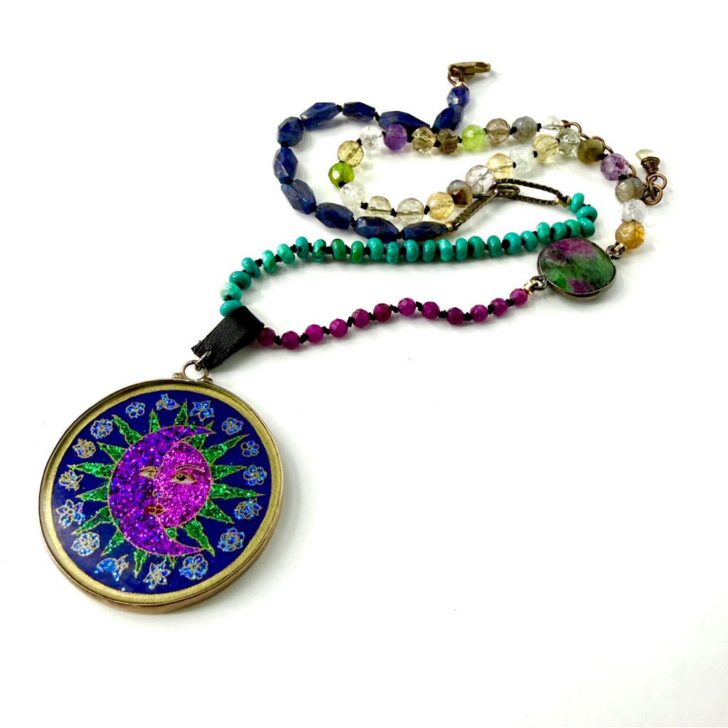 Iredescent Sun And Moon Celestial Pendant, Knotted Mix Gemstone Artisan Necklace